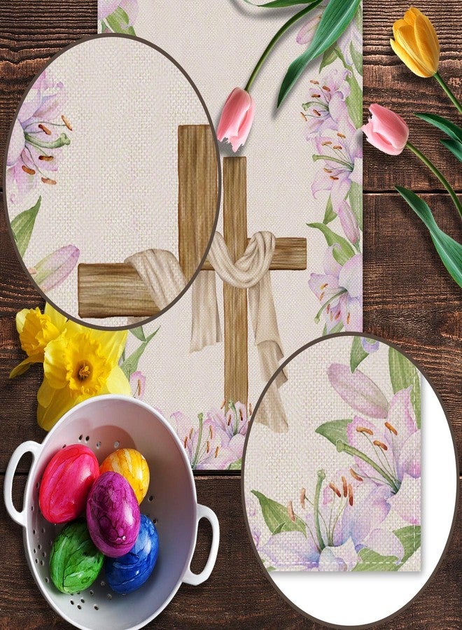 Pudodo He is Risen Table Runner Easter Christian Cross Resurrection Lily Flower Spring Holiday Party Kitchen Dining Home Decor - Image 5